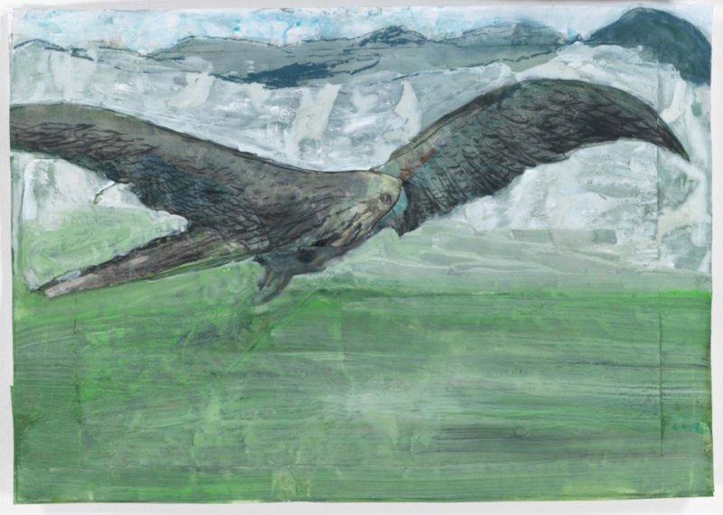 Fly, 2019, Kohle, Gouache, Pigment und Collage auf Papier, 59,5x83 cm